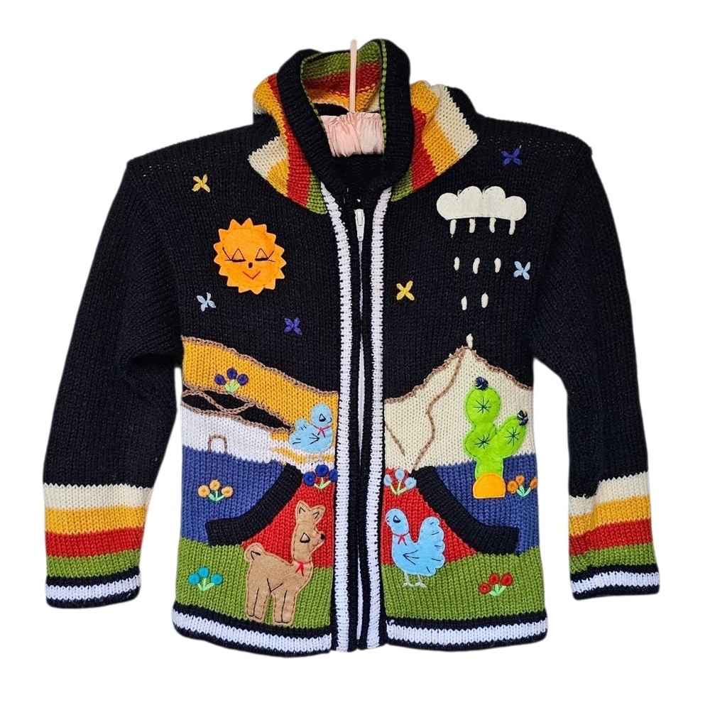 Colorful Handmade Knit Full Zip Hoodie w Patchwork of Animals big girl's 6  - 7